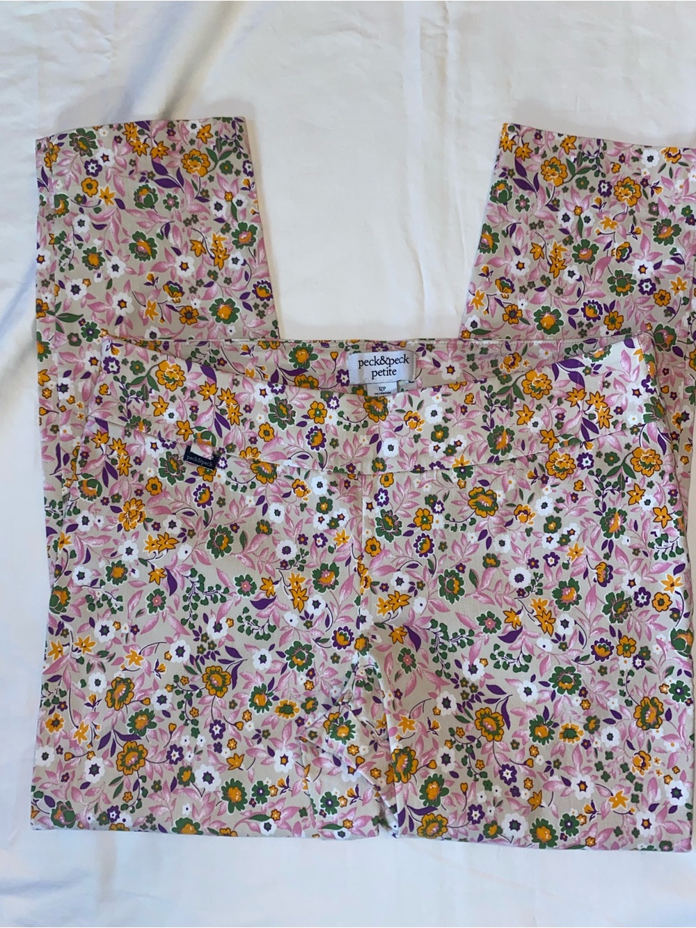 Peck & Peck Pink Floral Petite Pants with Yellow & Green Accents